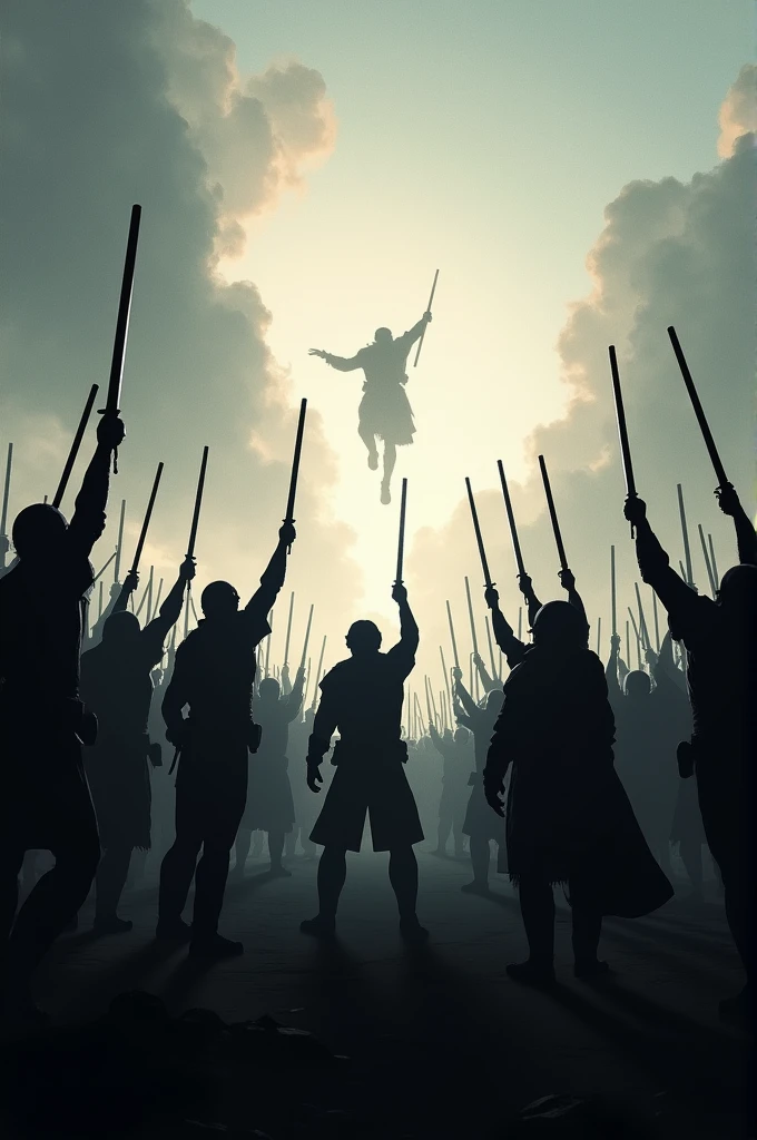 An army of human silhouette fighting with gun facing the sky