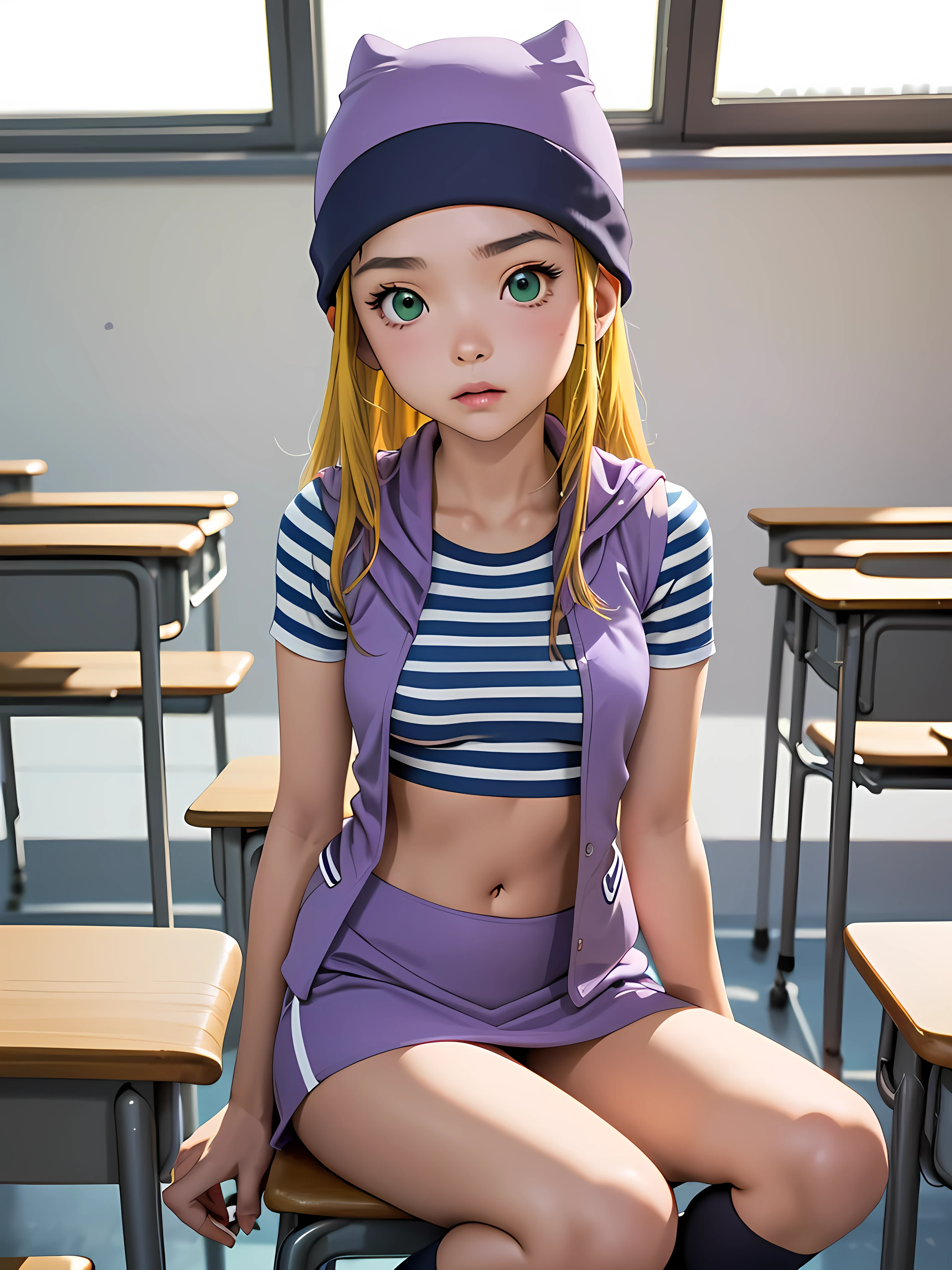 (masterpiece, best quality), 1girl, izumi Orimoto, indoors, classroom, seated, green eyes, blonde hair, long hair, purple beanie, purple vest, purple miniskirt, blue white striped shirt, long purple socks, sneakers, purple vest, striped shirt, navel shirt