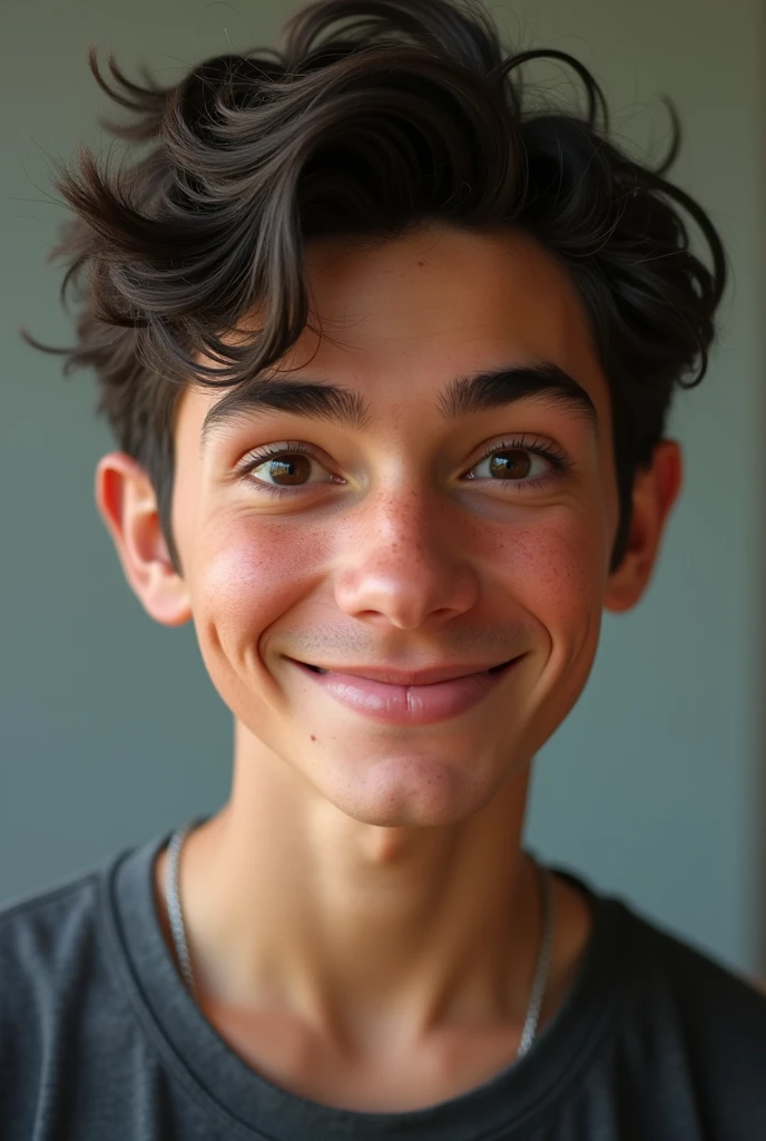 A young man with white skin, black hair with freckles. high , Brown eyes smiling with realistic pride