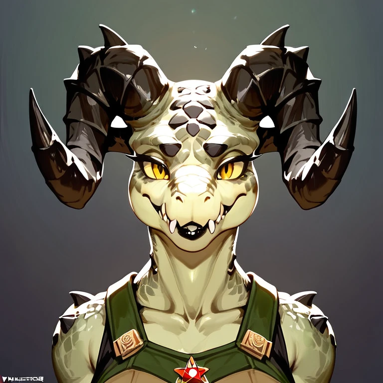 (((Masterpiece))), ((4k)), (best body),( Solo, score_9,score_8_up,score_7_up, kemono style, Anthro deathclaw from fallout, Anthro reptile girl, snout, green scaled skin, gold eyes, black lips, black horns, black ram horns, athletic body,) smiling, (detailed background) ,(((Better face)))