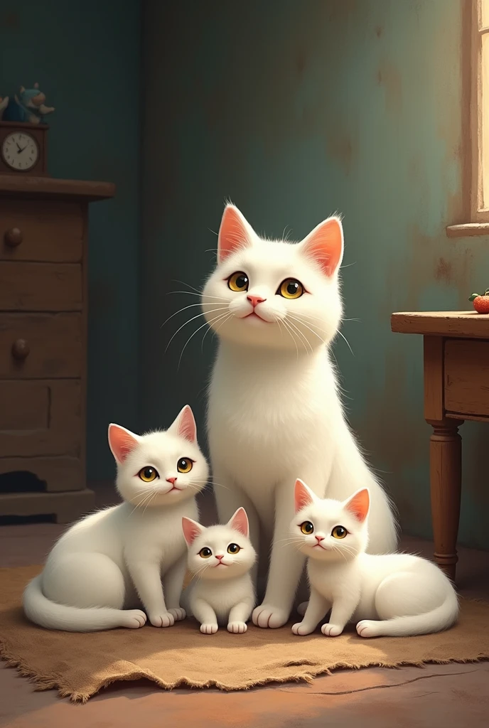 white cat with his family in a poor house