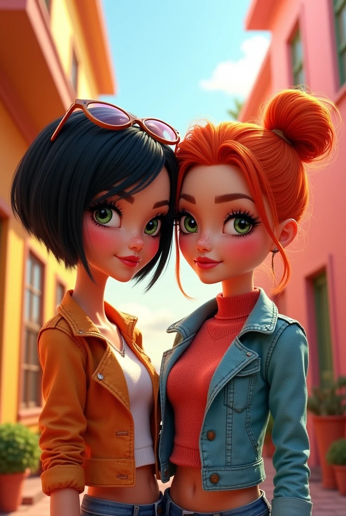 make me a picture of two friends 1 black hair green eyes, clear optical lenses and white skin and the other redhead friend, Honey eyes and white skin with freckles, animated like bratz dolls)