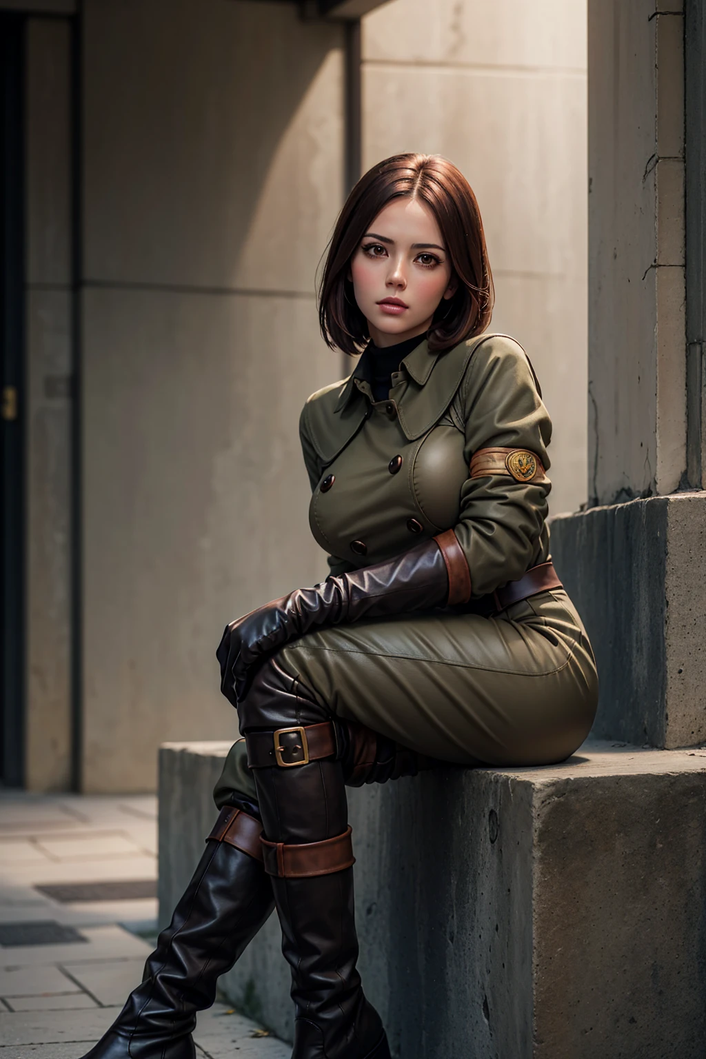 (Best image quality, highest quality, Highest Resolution, Ultra-Realistic Images, Very detailed, masterpiece, 8k), One Woman, Brown medium hair, Khaki military uniform, Leather gloves, Leather boots, With a blue whip, big Breasts, blush, serious look, Dynamic pose, Browsing Caution, half body, perfect face, beautiful body