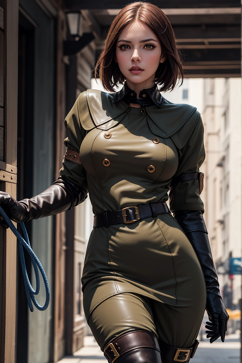 (Best image quality, highest quality, Highest Resolution, Ultra-Realistic Images, Very detailed, masterpiece, 8k), One Woman, Brown medium hair, Khaki military uniform, Leather gloves, Leather boots, With a blue whip, big Breasts, blush, serious look, Dynamic pose, Browsing Caution, half body, perfect face, beautiful body