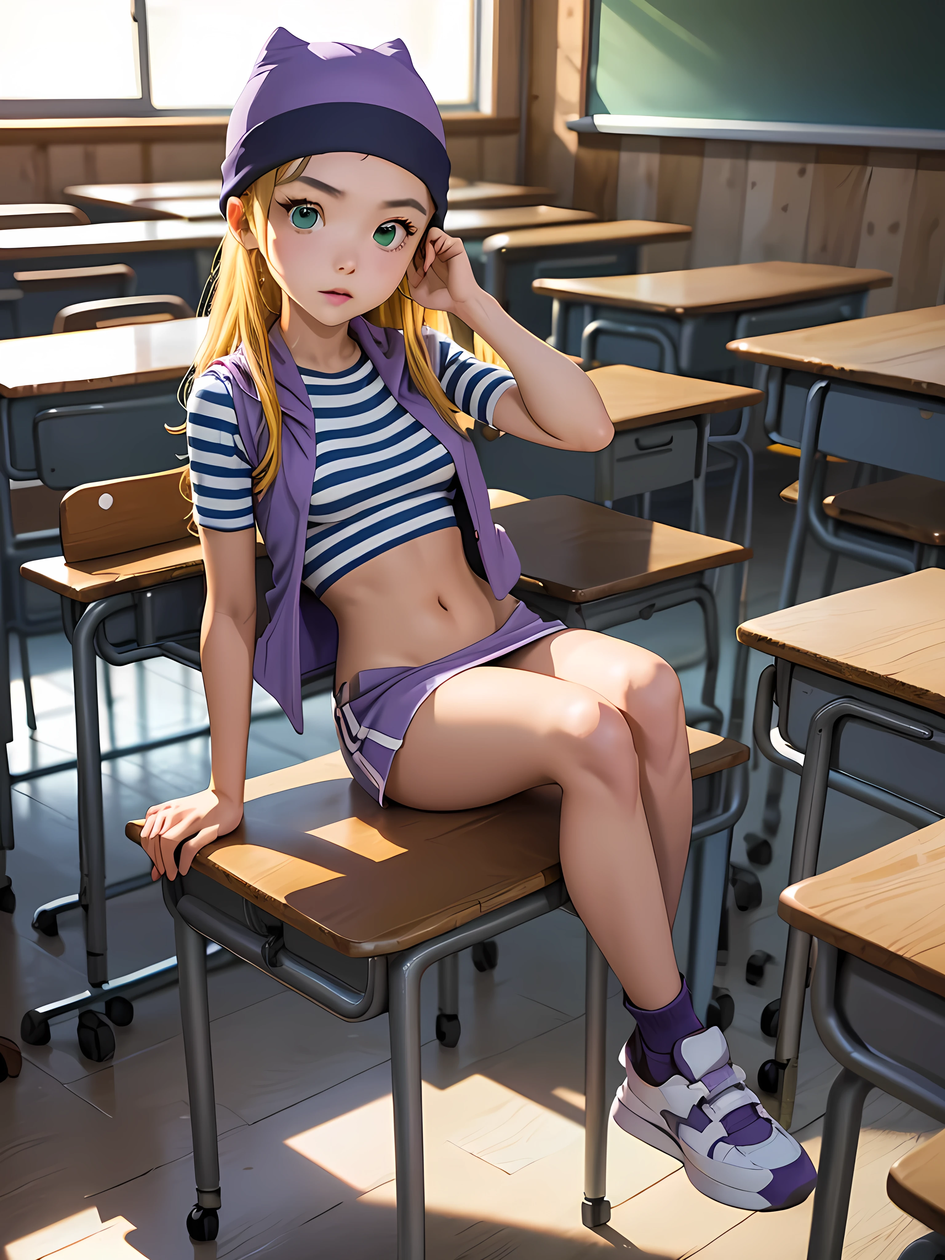 (masterpiece, best quality), 1girl, izumi Orimoto, indoors, classroom, seated, green eyes, blonde hair, long hair, purple beanie, purple vest, purple miniskirt, blue white striped shirt, long purple socks, sneakers, purple vest, striped shirt, navel shirt