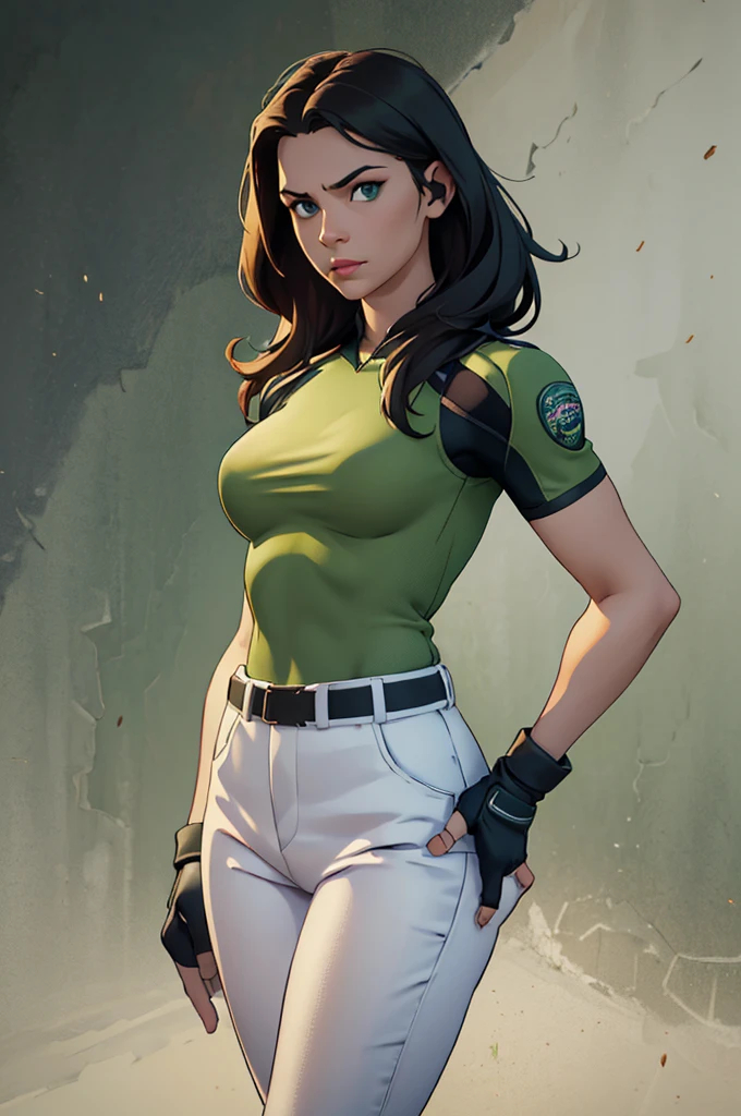 masterpiece, best quality:1.2), expressive eyes, perfect face, highres, 1 girl, solo, (female:1.5), chris redfield, green taut shirt, white pants, fingerless gloves, belt, hands to hip, standing, portrait, looking at the viewer,
