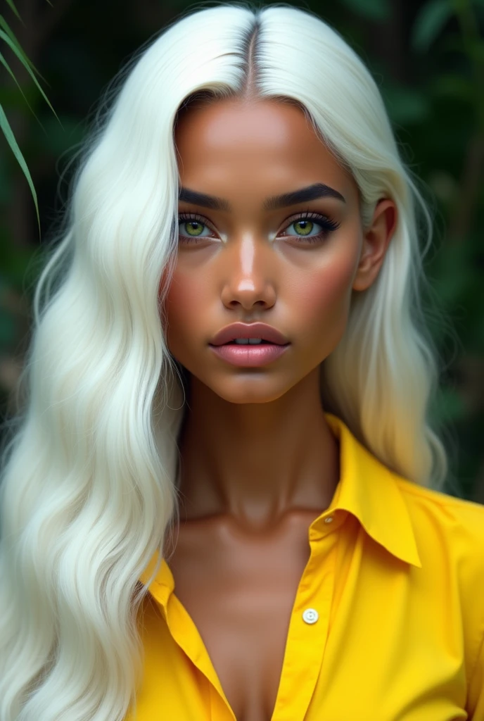 Brazilian descent, Very long white hair, greeneyes, and a yellow blouse