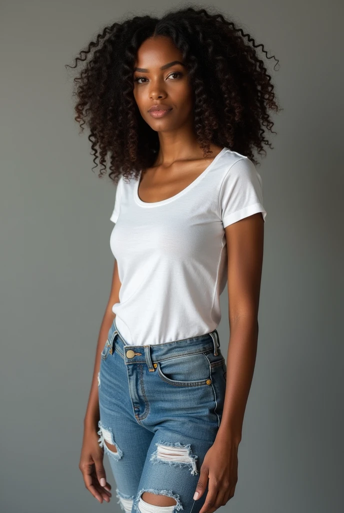 beautiful brazilian woman, curly hair, standing straight facing forward,with white t-shirt, ripped denim jeans pants, on a greyish background, cotton t-shirt texture, fitted t-shirt, round neck, striped tights. Medium camera shot.