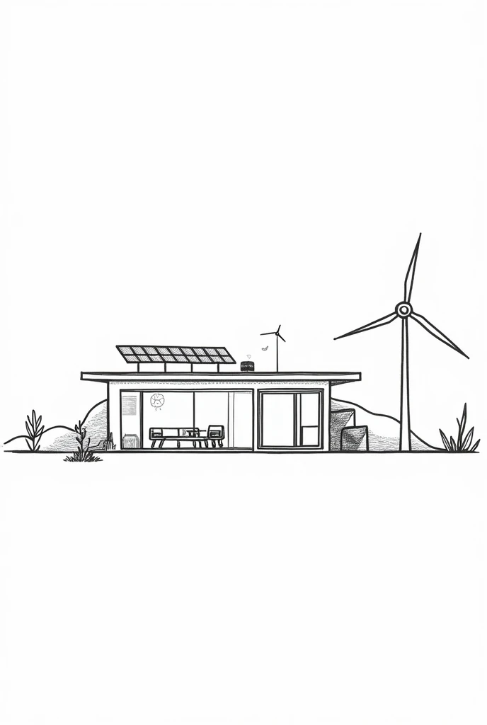 sketch a simple design of a residential house with solar panel and windmill, rain water catchment ... a black and white lines
