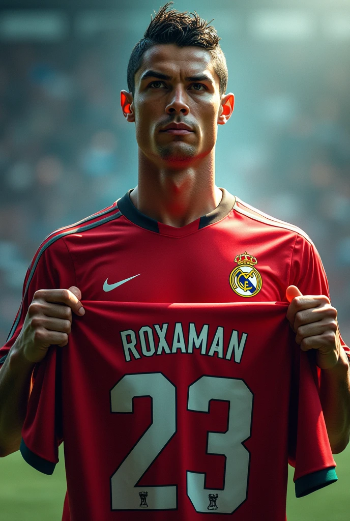 Cristiano Ronaldo holding Roxman's number 23 football shirt