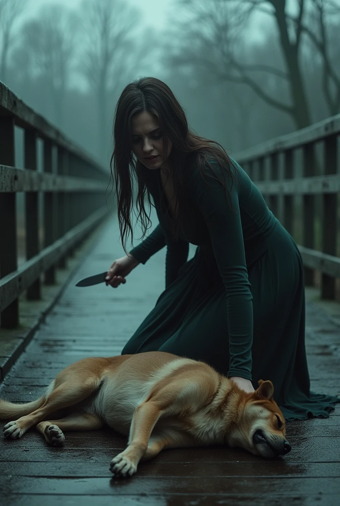 A dog and a woman laughing standing over the bridge with knife and she killed her dog and the woman smile