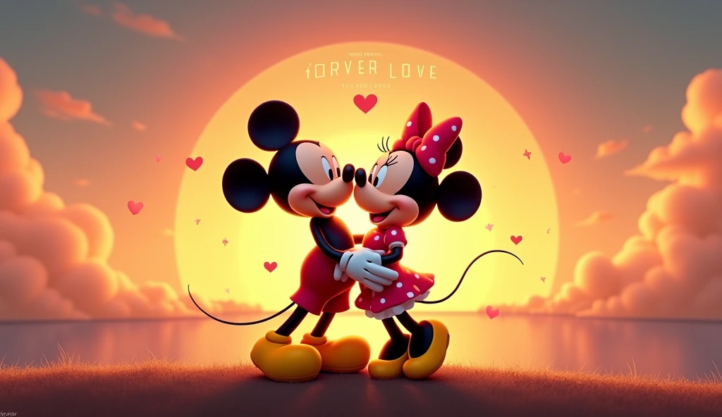Mickey and Minnie Mous in love at sunset
Lettering forever love 14.06.2020