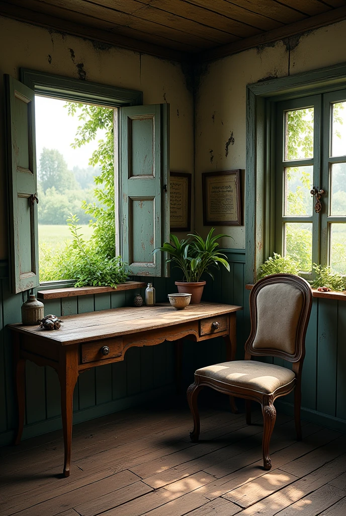 Table and an old chair in the corner of the living room of an old house and a garden