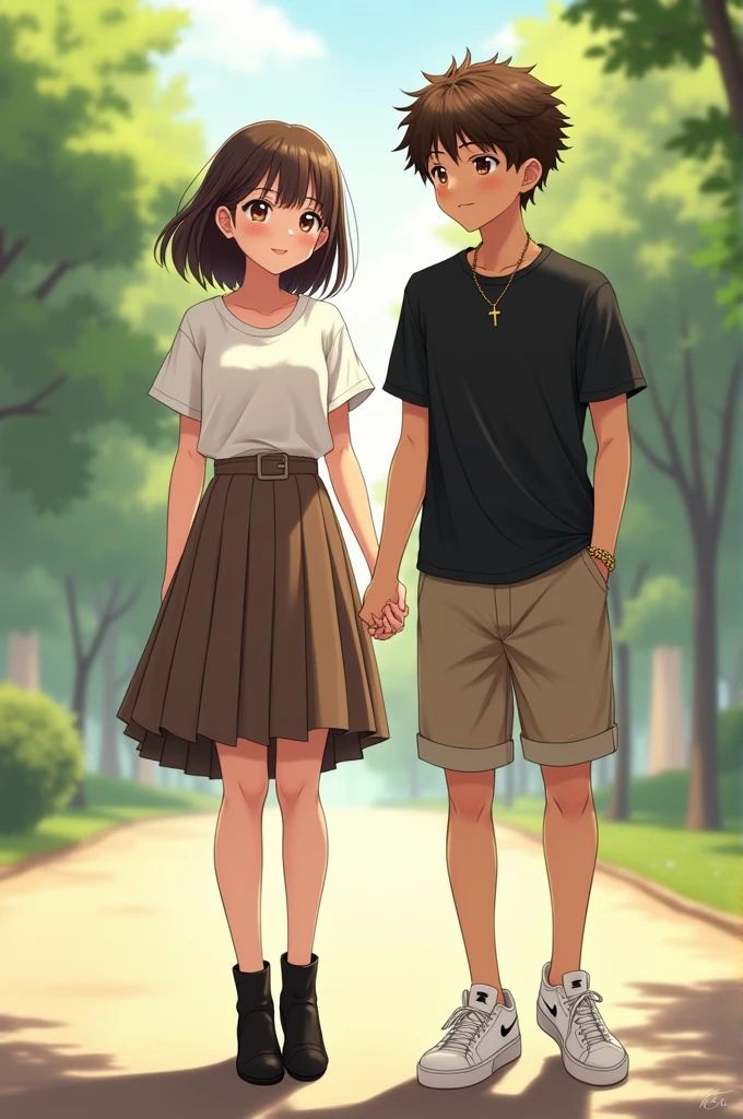 In realistic anime , You see a girl with straight brown hair that is not very long, has brown eyes, Her light brown skin is wearing a pleated skirt with black ankle boots and a white blouse. She is someone who is very smiling.. She has her hand linked with a boy with brown curly curls, with brown eyes, light brown skin, wearing Bermuda shorts and white Nike tennis shoes with a black t-shirt with a gold cross-shaped chain and a shy personality. They are a teenage couple