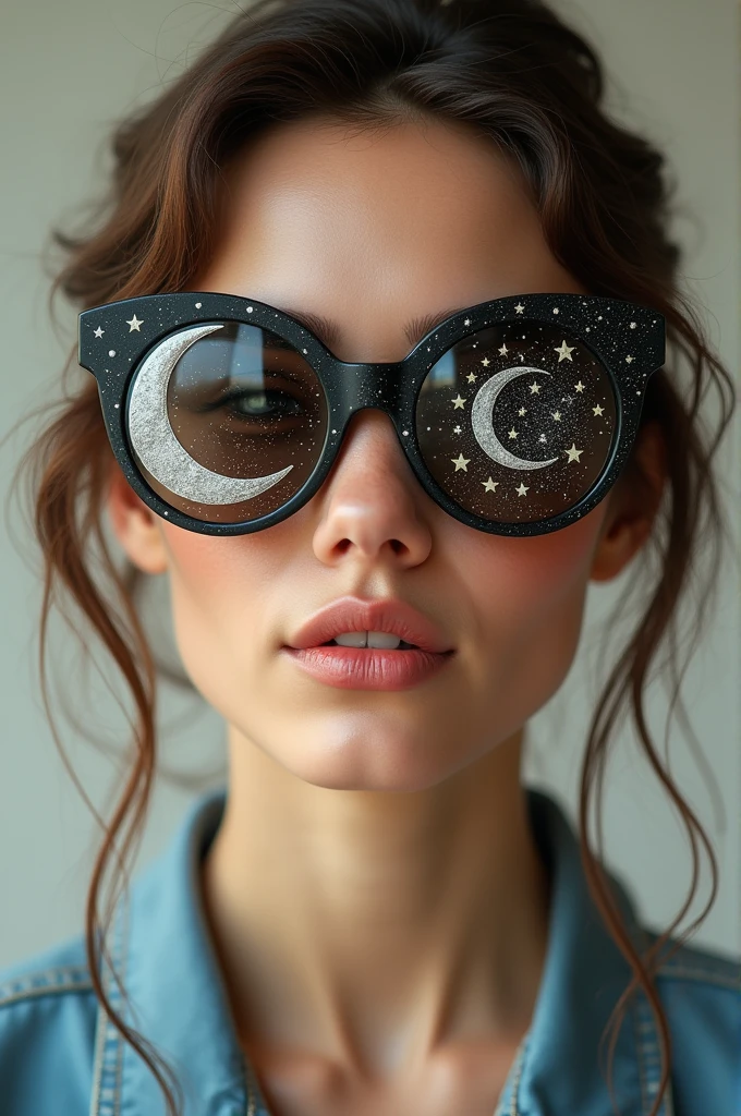 The model is wearing glass sunglasses with stars and the moon on the glass