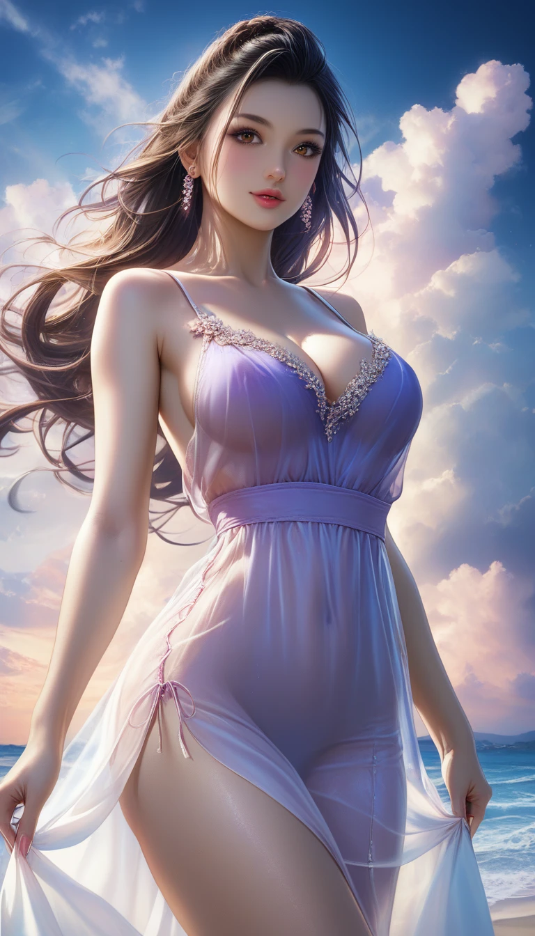 score_9, score_8_superior, score_7_superior,
8k,Ultra-high-definition CG,masterpiece,Highest quality,Very detailed,Ultra-realistic,Realistic,Increased depth of field,Cinematic lighting,
Elegant Japanese woman,
Glossy black hair,Straight long hair,Showing his forehead,Ultra-detailed and beautiful face,Sensual look,Beautifully detailed dark brown eyes,Ultra-detailed skin,Translucent white skin,Realistic skin texture,Beautiful cleavage,Shapely ass,Firm thighs,Great proportions,
Loose Dress,
Bold design,spaghetti straps,No sleeve,Thigh slit,Delicate and beautiful decoration,Detailed texture of the fabric,
Dark seaside scene at night,
Dark clouds filling the sky,Thundercloud,Coastline at night,Golden reflections on the sea surface,Desolate sandy beach,
Cinematic,
Low - Angle,