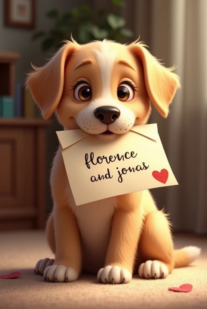 Dog sitting with a letter in his mouth saying "Florence and Jonas" with a heart at the end of this same