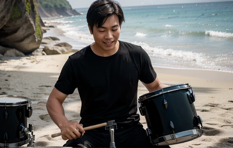 an asian man, wearing a black t-shirt playing the drum set on the beach happily