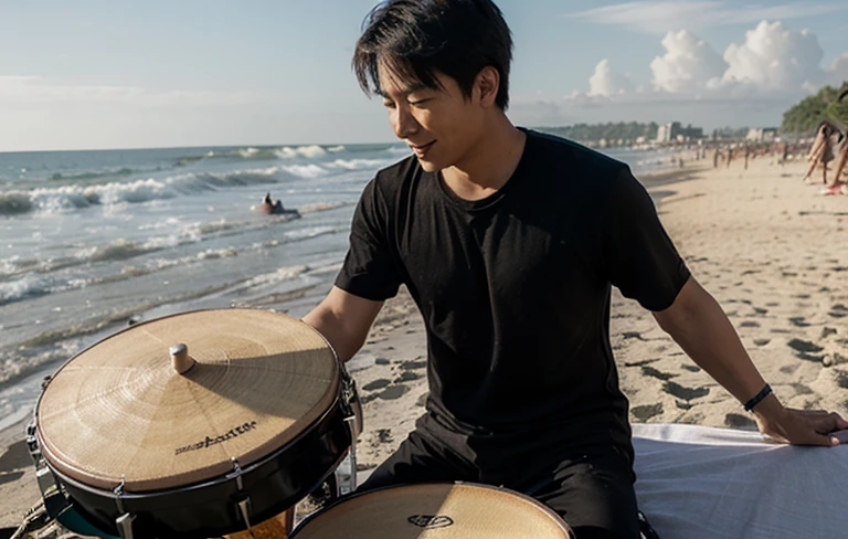 an asian man, wearing a black t-shirt playing the drum set on the beach happily