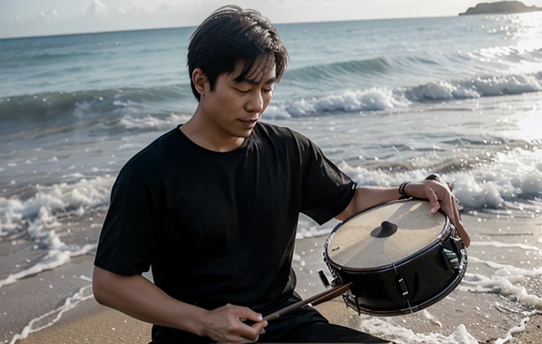 an asian man, wearing a black t-shirt playing the drum set on the beach happily