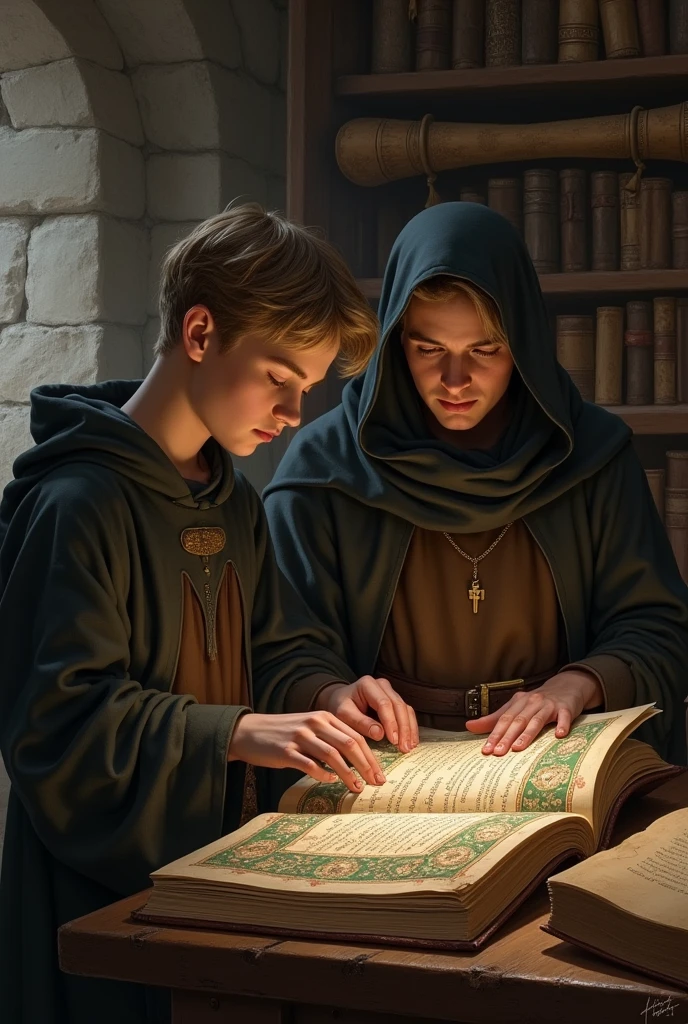 Blind young man reading with assistance in the middle ages