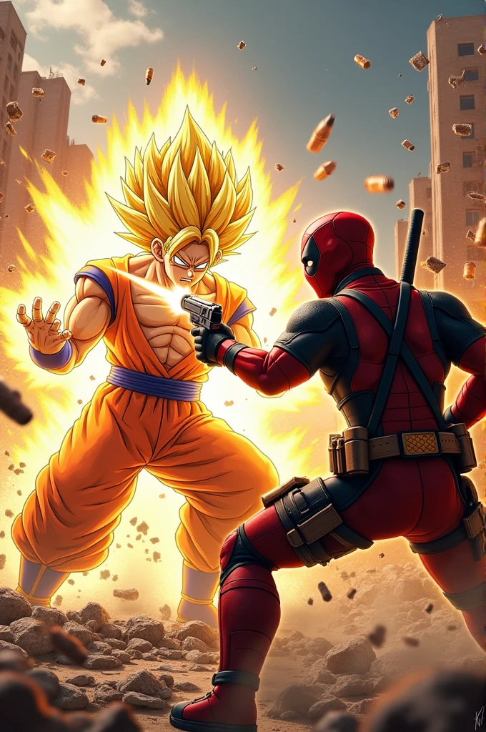 Deapool disparandole a goku