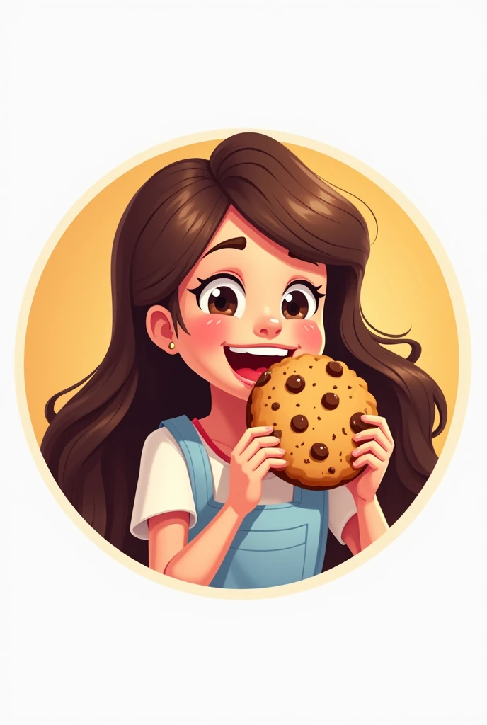 Create an animated circular logo of a brunette girl biting a cookie