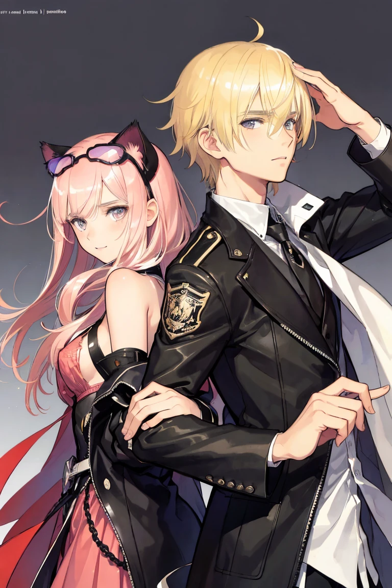 man and woman, couple, love, mature, a cat woman, she has freckles, she has dark brown eyes and an upturned nose, she is happy and smiling, she has long wavy hair, black hair, she is wearing aviator sunglasses with clear lenses in a soft watercolor style. The girl's clothes must be pink, purple, and blue in celebration of the bisexual, with stains of ink and watercolor mixing and filling the scene. he has blonde hair, he is handsome, he is slim. There should be a subtle, nuanced change in colors using the impasto technique with gouache paint. There should be a light rain in the watercolor painting with a little watercolor paper texture and a pastel background.