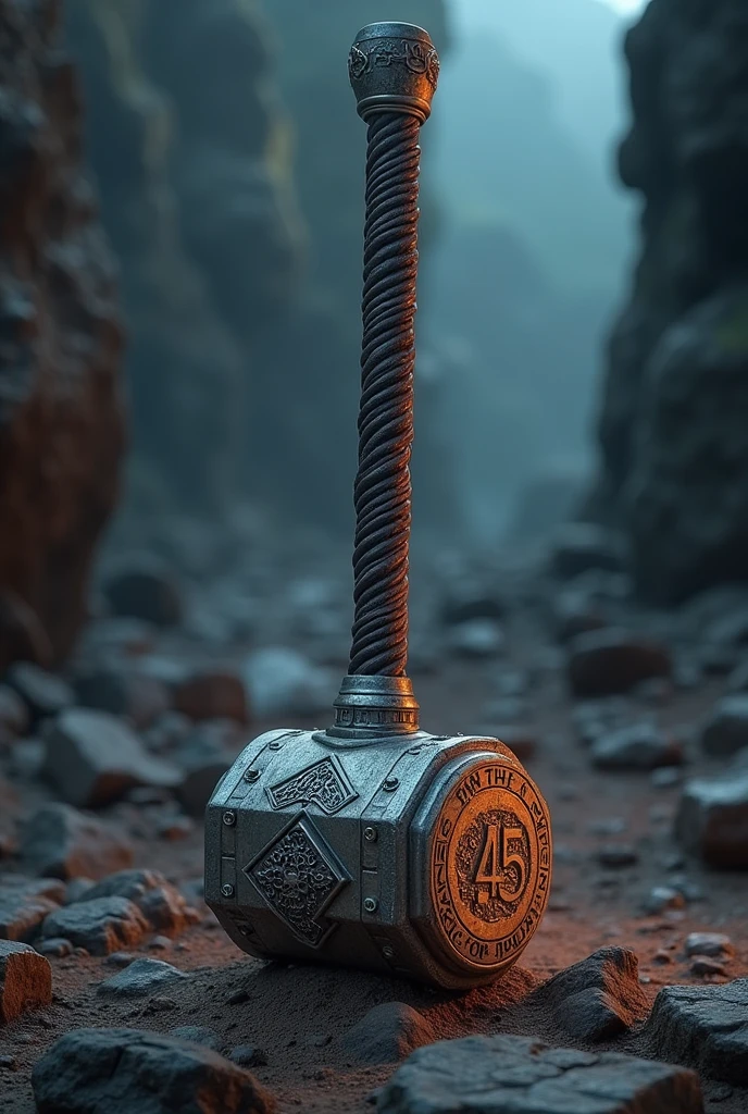 “A mighty sledgehammer, inspired by the legendary Mjolnir, appears in an epic setting. Your cable, made of dark, dense wood, is adorned with ancient runes that tell stories of bravery. The sledgehammer head, of shiny and resistant metal, reflects light in a magical way, emanating a powerful aura. The number '45' is engraved on the side of the head, symbolizing strength and determination. This object is not just a weapon, but a symbol of courage and power, capable of inspiring fear and admiration, as if carrying the essence of a true hero.”
