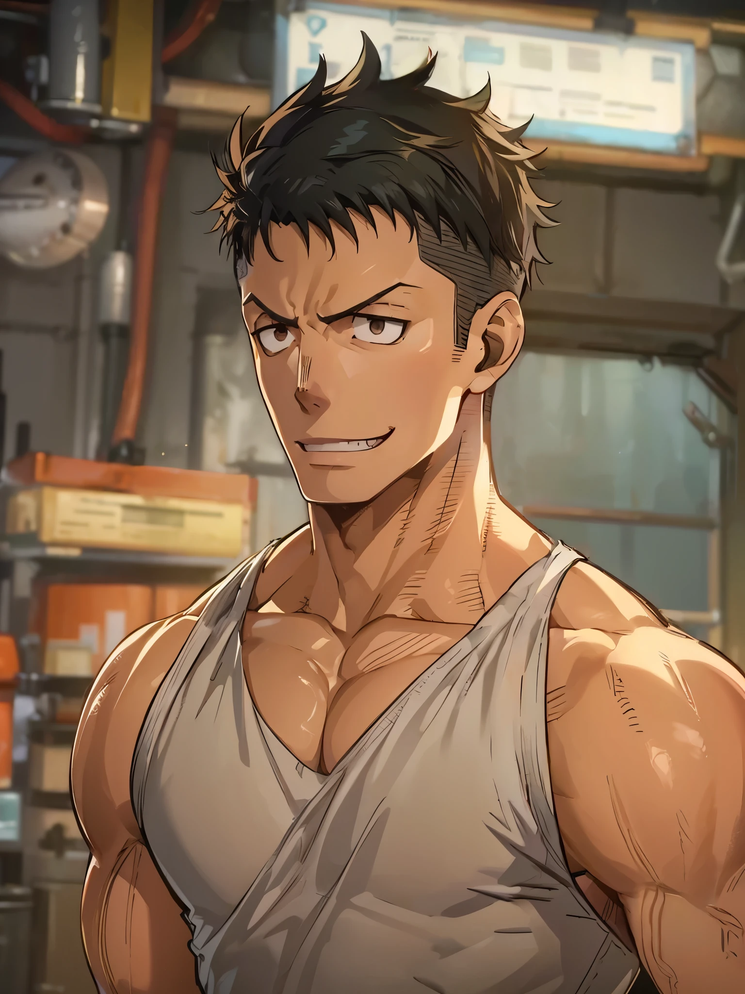 8k, Highly Detailed, Masterpiece, source_anime, best quality, beautifully detailed eyes and beautifully detailed hair, 1man, solo, Digital illustration in an anime style featuring a muscular male character. The character has short, spiky black hair and a determined expression with brown wide eyes and a slight smirk, Hefty Smile, His skin is a light tan color, and his physique is highly defined, showcasing prominent muscles on his arms, chest, and abdomen. He is depicted shirtless, wearing an orange jumpsuit to waist, background is the character is in a car repair shop, you can see the teeth