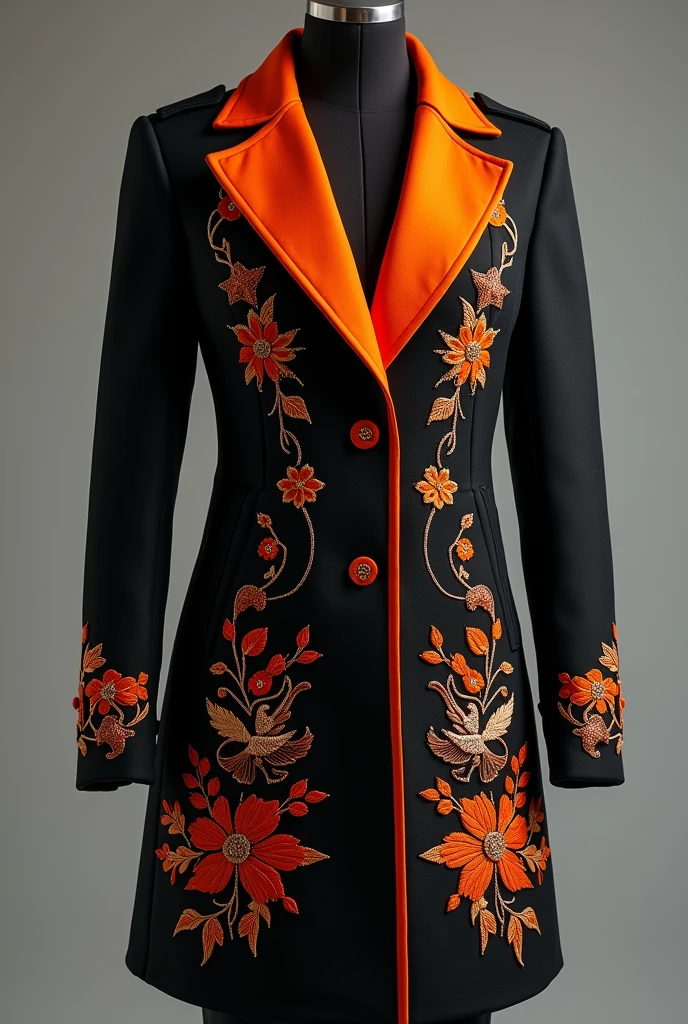 Make a black and orange coat with a dove and a globe in the middle of the back. The embroidery is detailed. Lots of details. Wearing it makes you look smart.