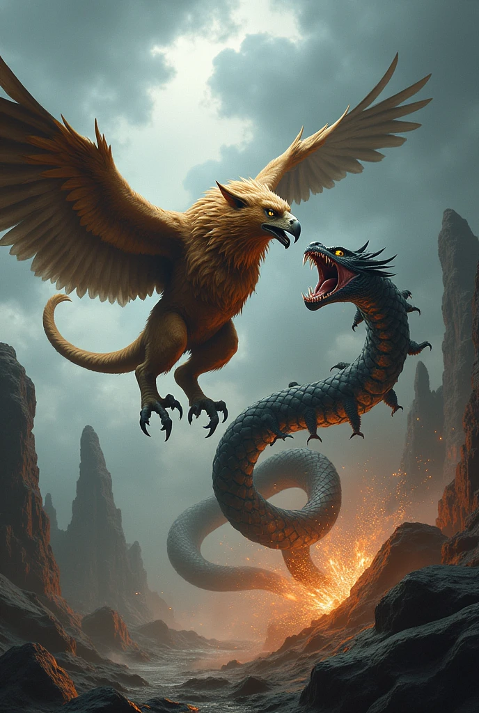 Griffon fights a nine-headed snake.