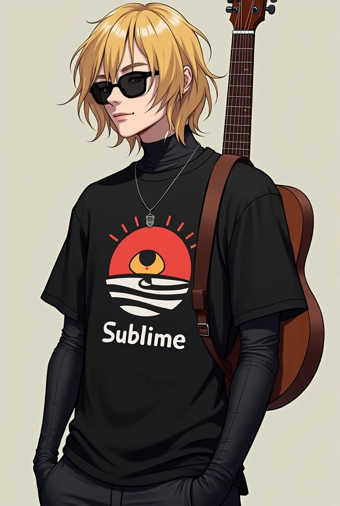 A man with gloves and a black shirt and a logo of a sun with eyes like Roblox that says sublime and medium-length, short, big blonde hair and black glasses and a brown anime guitar on his back 