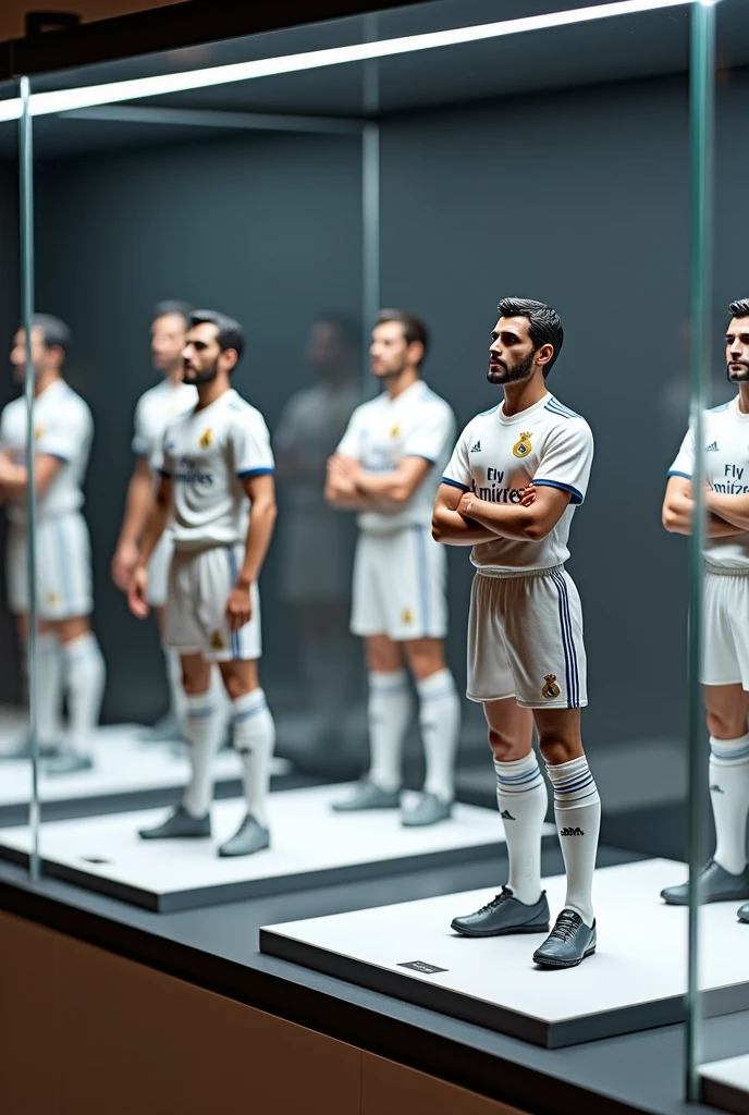 Models are displayed for sale in glass cases of various Real Madrid football players.
