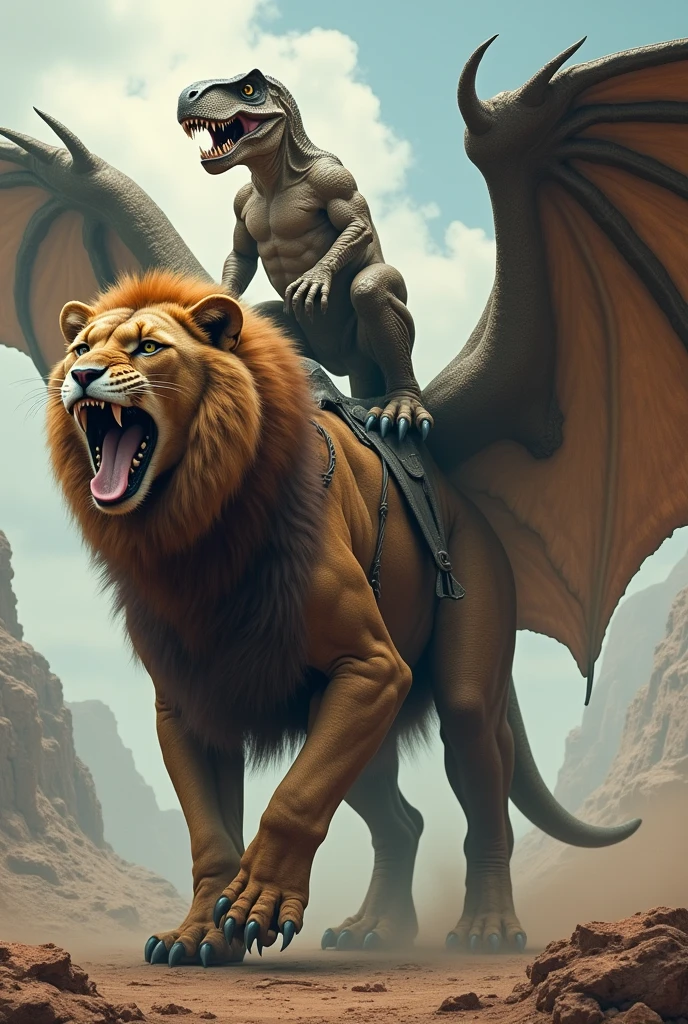 A dinosaur on top of a giant cat with bat wings