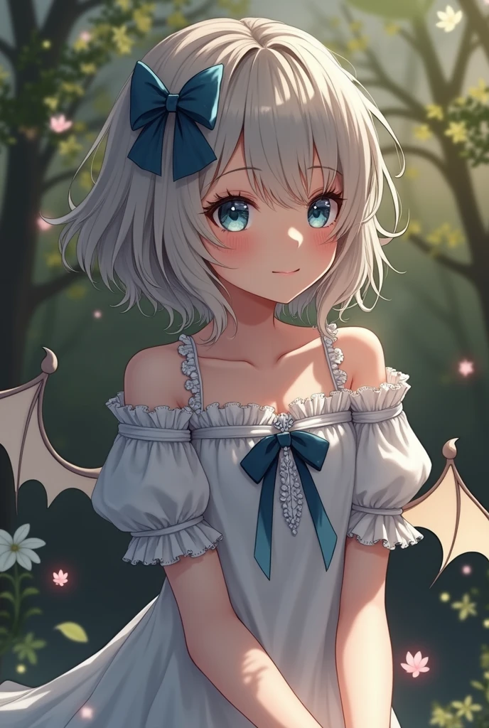 a beautiful anime girl, 1girl, white hair, blue eyes, detailed small white bat wings, short hair, white top, white skirt, small blue bow, (best quality,4k,8k,highres,masterpiece:1.2),ultra-detailed,(realistic,photorealistic,photo-realistic:1.37),vivid colors,anime,digital painting,highly detailed,intricate details,soft lighting,graceful pose