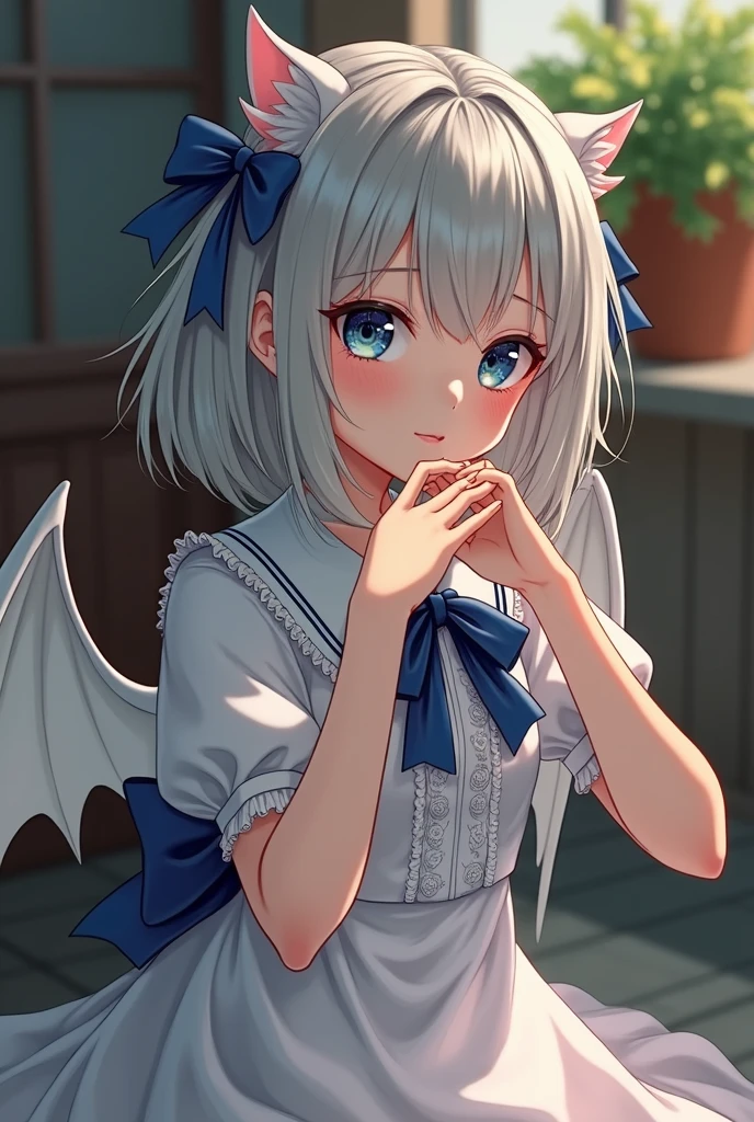 a beautiful anime girl, 1girl, white hair, blue eyes, detailed small white bat wings, short hair, white top, white skirt, small blue bow, (best quality,4k,8k,highres,masterpiece:1.2),ultra-detailed,(realistic,photorealistic,photo-realistic:1.37),vivid colors,anime,digital painting,highly detailed,intricate details,soft lighting,graceful pose