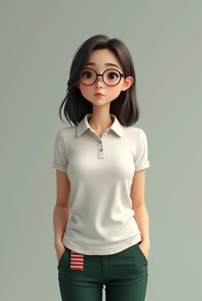 A short woman, medium straight hair, glasses, white, e calça verde bandeira com uma blusa polo white, thin and 40 years old, muslos grandes