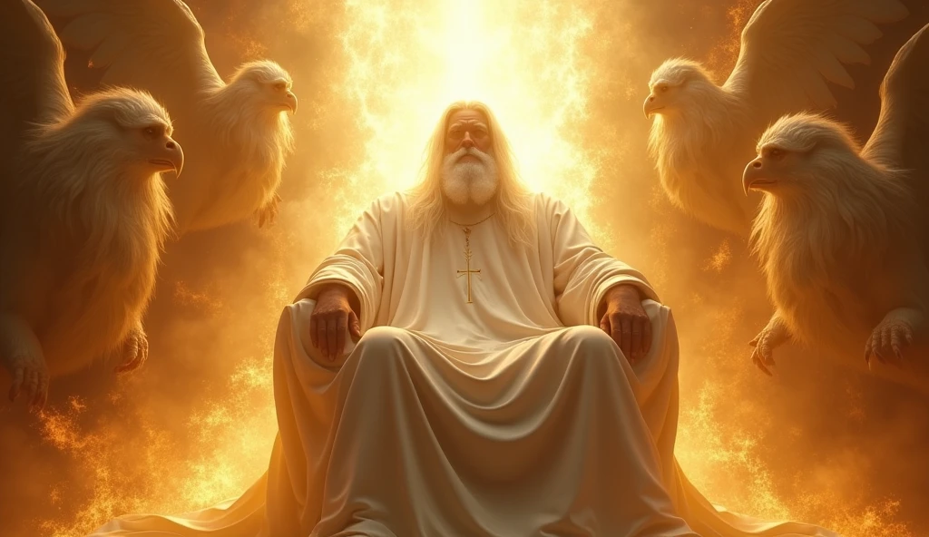 Generate images of Gigantic God in heaven who is vast, face of white gold light, with long hair white, white beard, face hidden by golden light in a white robe of His firery golden Thrown of light. Cover his face with White light and put him on a large firy gold throne surrounded by 24 elders and angel of Cherubim and Seraphim with four faces, the face of a man, an eagle, an Bull and a Lion. They are around God's thrown. God is vast, 32K UHD, Style Raw, detailed, masterpiece, realistic, your golden sign written "king of kings , Lord of Lords " Its resplendent light capable of blinding any vision, God doesn't have wings.other thrones with ancient beings on them