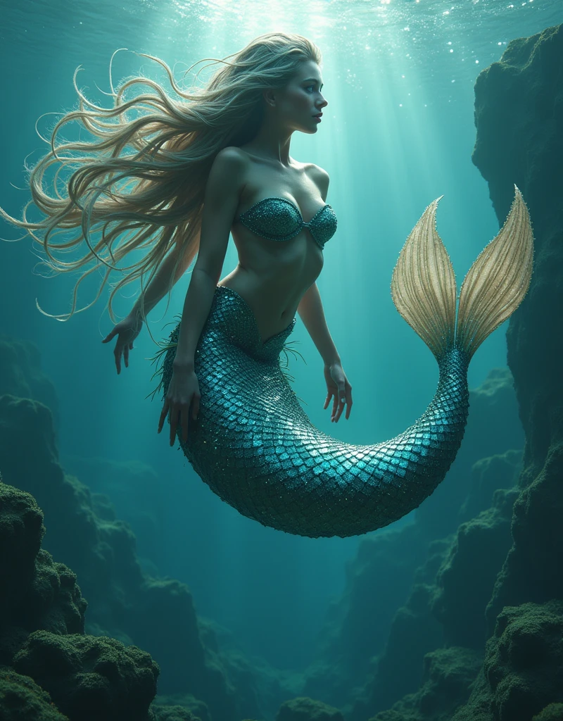 (masterpiece,Distinguished Quality,Mirror-like,Cinematic Experience, insanely detailed,absurdres),8k,full image shot),(1 female), the shimmering, iridescent depths of an enchanted ocean, mesmerizing sirens, , nipples ,8kwaist, shimmering scales on a tale, luminous, pearlescent skin glistening with dew, long, flowing hair a wild tangle of seaweed and glittering, gemstone-encrusted locks, as their piercing, (1 male),(male siren),(manly tale),(manly abs), random hair, aquamarine eyes gleam with an otherworldly allure, shimmering, crystalline tail glimmers with a soft, ethereal light, beckoning sailors to their doom with a haunting, melodic song that echoes through the mystical, moonlit waves, Imagine the captivating, underwater scene!
