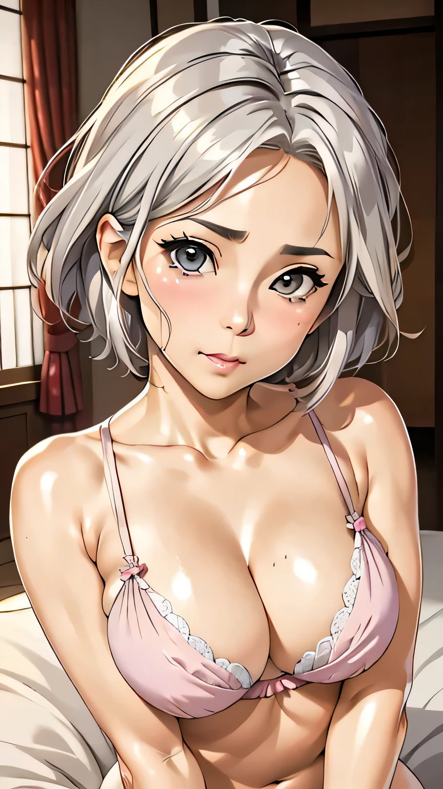 Highest quality、Realistic、、Japanese、zoom、Mature Woman、60s、cute、Wrinkled face、Flabby body、Bedroom、Grey Eyes、White Hair、short hair、Pink Bra、Bink's Panties、Face close-up、thin、Small breasts、Pouting、