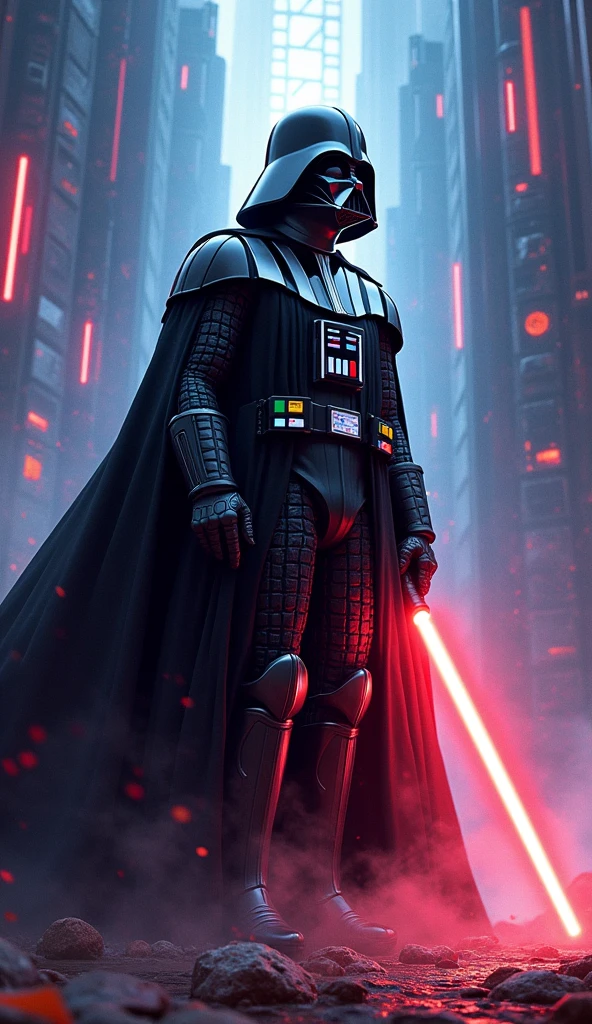star wars poster, Darth Vader, dramatic scene, ((Expressive characters)), Future-oriented details, Energetic and ((Fascinating colors)), Dynamic configuration, star wars lightsaber