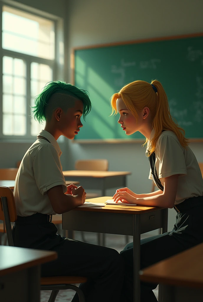 In a classroom lit by natural light coming in through large windows, uma adolescente com pele bronzeada e cabelo raspado verde está sitting em uma das carteiras. She wears vintage clothes. Her face displays an apathetic expression as she talks to another girl.. The second girl is blonde, with blue eyes, and is leaning slightly forward, sitting, listening carefully. The atmosphere of the room is one of mystery, with details such as wooden desks and a blackboard in the background, that reinforce the school environment. Despite the conversation, the green-haired woman's posture remains introverted and confident, with a look that reflects both his rationality and a slight indecision.