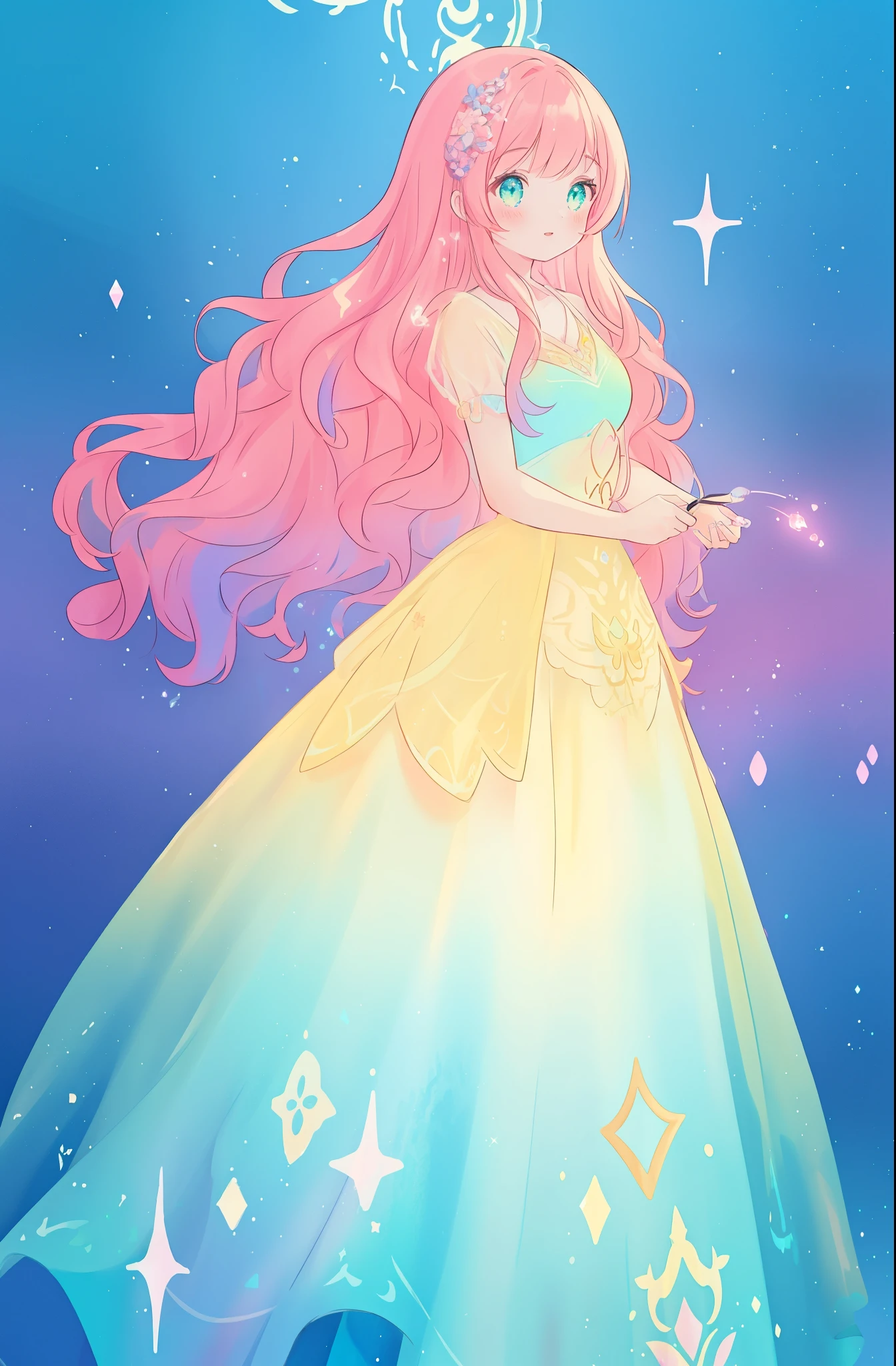 beautiful girl in a flowing puffy layered gradient ballgown, vibrant pastel colors, (colorful), glowing lights, red pink long wavy hair, Glen Keane, Lois van Baarle, jen bartel, glowing hair, fantasia background, whimsical, beautiful face, ((masterpiece, best quality)), intricate details, highly detailed, sharp focus, sparkling detailed eyes, liquid watercolor