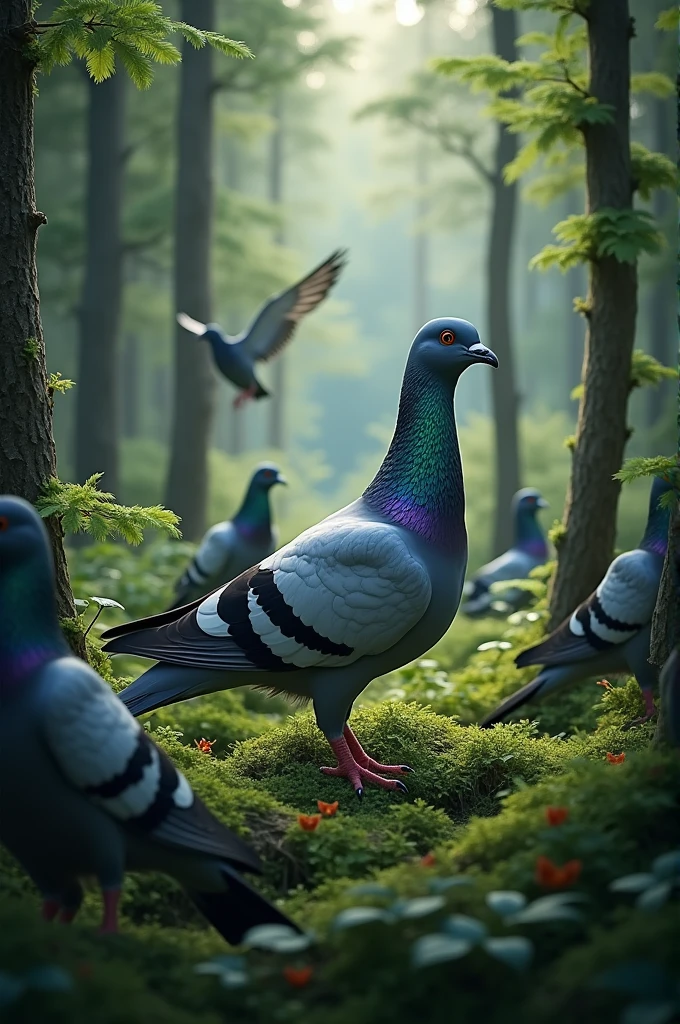 Create a realistic and high-resolution image of a passenger pigeon in a dense North American forest. The pigeon should have a blue-grey body with a white belly and a distinctive iridescent neck. Depict it in a large flock to illustrate its historical abundance."