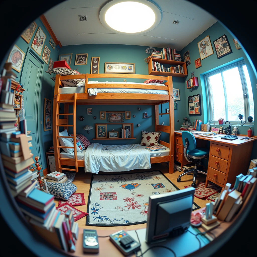 Messy girl&#39;s room, futurist, the room must be in perspective (fish eye) and a little view from above (do not include any person, only the fourth) In the foreground there should be a computer ( the computer must be facing away, the screen should not be visible) and in the background a bunk bed on its side against the wall full of books and art supplies