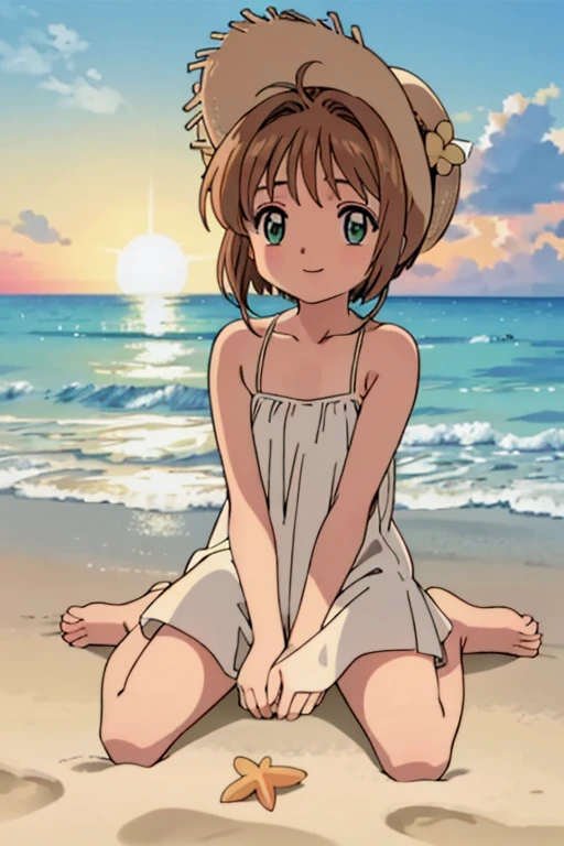 High resolution backgrounds,Beautiful background,anime, cute, girl on the beach at sunset,A big sun setting on the horizon, Flat chest,White camisole dress,Chestnut Hair,Short Bob Hair,barefoot,Green Eyes,White straw hat,Lens flare,Sitting flat directly on the sand,smile