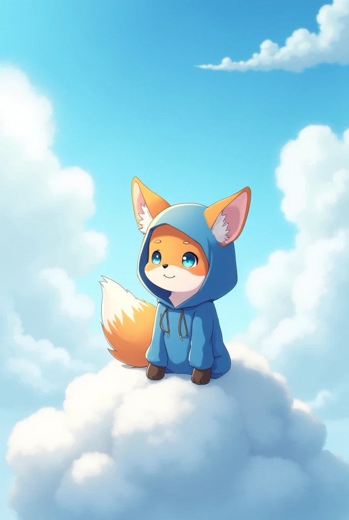 A cute little fox with blue eyes and a blue hoodie with fox ears coming through the hood. The picture looks like the work of the Makoto Shinkai. the fox is sitting in the sky on top of one cloud, the fox has his eyes closed and is happy. Fox is far in the picture. Fox is small, lovely, cute and happy. masterpiece, best quality