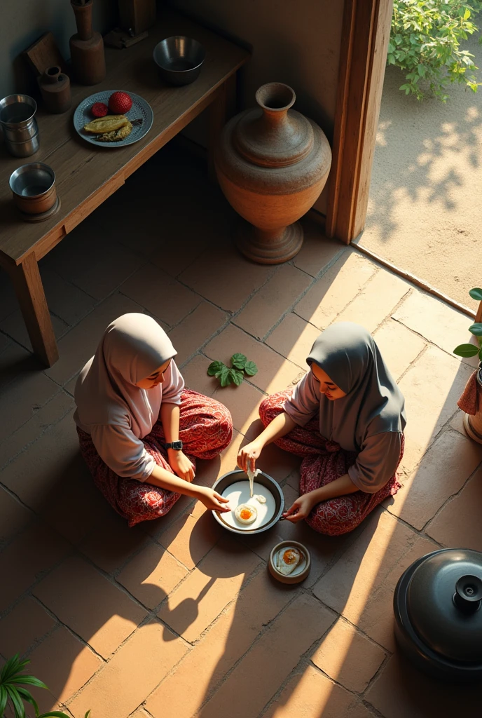 (photorealism:1.2), a top aerial view of two malay hijab beauty girl sitting on a floor,, wear a shabby blouse shirt and a batik sarong sitting on a floor in a traditional kitchen, a girl is pouring a milk into a wok and her friend is pick up a plate of meal, old urn, top aerial angle, in a morning sunshine, two girls sitting on a floor