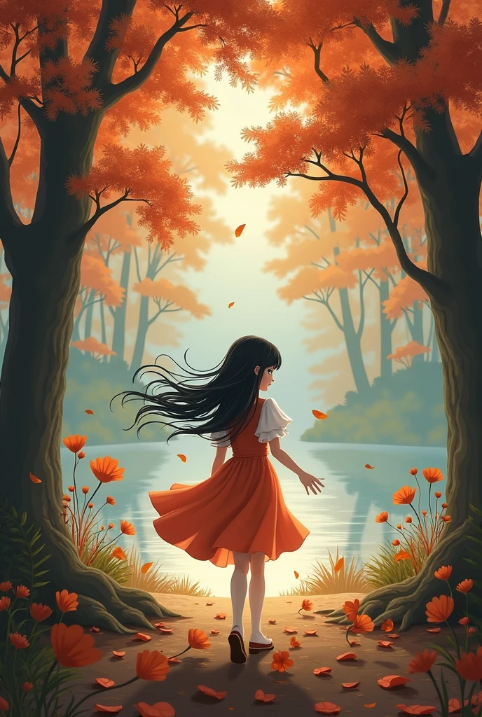 1 girl, Against_tree, OMS_shizuha, inojo_vina, autumn, autumn_moves, hits, fair_tree, blue_eyes, disaffiliated_hits, rama, evening, dress, descindinte_moves, forest, gingko_move, tinincia_move, lake, move, move_bottom, move_hair_ornaminto, move_in_head, move_print, Lips, ling_hair, looking_in_viewer, arce_move, ninure, outdoor, Alone, standing, stine_Lantern, tree, low_tree, black hair, sinsei